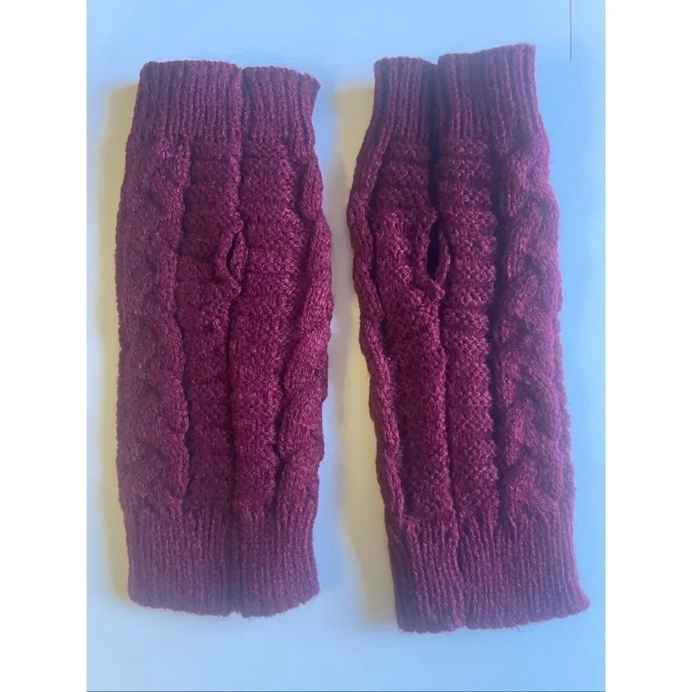 Women’s Cable Knit Fingerless Gloves Burgundy One Size